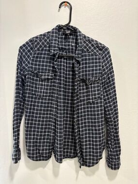 PAIGE Navy and White Plaid Button-Front Shirt